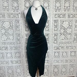 Windsor Forest Green Velvet Shimmer Glitter V Neck Halter Dress Sz Small
